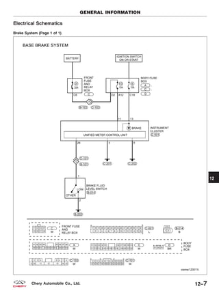 Electrical Schematics
Brake System (Page 1 of 1)
GENERAL INFORMATION
VISMW120011T
12
12–7Chery Automobile Co., Ltd.
 