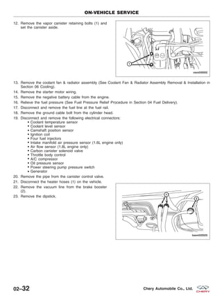 12. Remove the vapor canister retaining bolts (1) and
set the canister aside.
13. Remove the coolant fan & radiator assembly (See Coolant Fan & Radiator Assembly Removal & Installation in
Section 06 Cooling).
14. Remove the starter motor wiring.
15. Remove the negative battery cable from the engine.
16. Relieve the fuel pressure (See Fuel Pressure Relief Procedure in Section 04 Fuel Delivery).
17. Disconnect and remove the fuel line at the fuel rail.
18. Remove the ground cable bolt from the cylinder head.
19. Disconnect and remove the following electrical connectors:
Coolant temperature sensor
Coolant level sensor
Camshaft position sensor
Ignition coil
Four fuel injectors
Intake manifold air pressure sensor (1.6L engine only)
Air flow sensor (1.8L engine only)
Carbon canister solenoid valve
Throttle body control
A/C compressor
Oil pressure sensor
Power steering pump pressure switch
Generator
20. Remove the pipe from the canister control valve.
21. Disconnect the heater hoses (1) on the vehicle.
22. Remove the vacuum line from the brake booster
(2).
23. Remove the dipstick.
ON-VEHICLE SERVICE
VISM030002
BESM020025
02–32 Chery Automobile Co., Ltd.
 