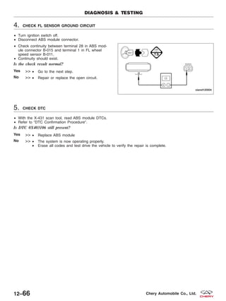 4. CHECK FL SENSOR GROUND CIRCUIT
• Turn ignition switch off.
• Disconnect ABS module connector.
• Check continuity between terminal 28 in ABS mod-
ule connector B-015 and terminal 1 in FL wheel
speed sensor B-011.
• Continuity should exist.
Is the check result normal?
Yes >> • Go to the next step.
No >> • Repair or replace the open circuit.
5. CHECK DTC
• With the X-431 scan tool, read ABS module DTCs.
• Refer to ЉDTC Confirmation ProcedureЉ.
Is DTC 0X403106 still present?
Yes >> • Replace ABS module
No >> • The system is now operating properly.
• Erase all codes and test drive the vehicle to verify the repair is complete.
DIAGNOSIS & TESTING
VISMD120004
12–66 Chery Automobile Co., Ltd.
 