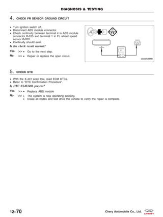 4. CHECK FR SENSOR GROUND CIRCUIT
• Turn ignition switch off.
• Disconnect ABS module connector.
• Check continuity between terminal 4 in ABS module
connector B-015 and terminal 1 in FL wheel speed
sensor B-020.
• Continuity should exist.
Is the check result normal?
Yes >> • Go to the next step.
No >> • Repair or replace the open circuit.
5. CHECK DTC
• With the X-431 scan tool, read ECM DTCs.
• Refer to ЉDTC Confirmation ProcedureЉ.
Is DTC 0X403406 present?
Yes >> • Replace ABS module
No >> • The system is now operating properly.
• Erase all codes and test drive the vehicle to verify the repair is complete.
DIAGNOSIS & TESTING
VISMD120006
12–70 Chery Automobile Co., Ltd.
 
