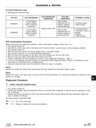 On Board Diagnostic Logic
• Self-diagnosis detection logic.
DTC NO. DTC DEFINITION
DTC DETECTION
CONDITION
DTC SET
CONDITION
POSSIBLE CAUSE
0X900001
12 volt system
supply voltage-
above maximum
threshold
Ignition switch: ON
ABS module
detected that the
battery voltage is
excessively high.
• Charge system
• ABS module
0X900002
12 volt system
supply voltage-
below minimum
threshold
ABS module
detected that the
battery voltage is
excessively low.
• Charge system
• Harness is open or
shorted
• Battery
• ABS module
DTC Confirmation Procedure:
Before performing the following procedure, confirm that battery voltage is more than 12 V.
• Turn ignition switch off.
• Connect the X-431 scan tool to the Data Link Connector (DLC) - use the most current software available.
• Turn ignition switch on.
• With the scan tool, record and erase stored DTCs in the ABS module.
• Start engine and warm it to normal operating temperature.
• With the scan tool connected to the DLC, drive the vehicle over 40 km/h (25 mph).
• With the scan tool select: View ABS Data Stream and DTC.
• If DTC is detected, the DTC condition is current. Go to Diagnostic Procedure - Step 1.
• If DTC is not detected, the DTC condition is intermittent (See Diagnostic Help in Section 12 Brakes for more
information on intermittent DTC troubleshooting).
• Erase all codes and test drive the vehicle to verify the repair is complete.
NOTE :
Inspect the vehicle for aftermarket accessories that may exceed the Generator System output.
NOTE :
Inspect the fuses. If an open fuse is found, use the wiring schematics as a guide and inspect the wiring and con-
nectors for damage.
Diagnostic Procedure
1. CHECK GROUND CONNECTIONS
• Turn ignition switch off.
• Loosen and retighten ground connections B-201 and B-202 (See Diagnosis & Testing Ground Inspection in Sec-
tion 12 Brakes).
• Inspect the ground connections B-201 and B-202 position (See Vehicle Wiring Harness Information Body Har-
ness in Section 16 Wiring).
Are the ground connections OK?
Yes >> • Go to the next step.
No >> • Repair or replace the ground connections.
DIAGNOSIS & TESTING
12
12–77Chery Automobile Co., Ltd.
 