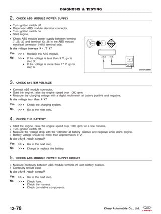 2. CHECK ABS MODULE POWER SUPPLY
• Turn ignition switch off.
• Disconnect ABS module electrical connector.
• Turn ignition switch on.
• Start engine.
• Check ABS module power supply between terminal
7, 25, 33 and terminal 13, 38 in the ABS module
electrical connector B-015 terminal side.
Is the voltage between 9 - 17 V?
Yes >> • Replace the ABS module.
No >> • If the voltage is less than 9 V, go to
step 3.
• If the voltage is more than 17 V, go to
step 6.
3. CHECK SYSTEM VOLTAGE
• Connect ABS module connector.
• Start the engine, raise the engine speed over 1000 rpm.
• Measure the charging voltage with a digital multimeter at battery positive and negative.
Is the voltage less than 9 V?
Yes >> • Check the charging system.
No >> • Go to the next step.
4. CHECK THE BATTERY
• Start the engine, raise the engine speed over 1000 rpm for a few minutes.
• Turn ignition switch off.
• Measure the voltage drop with the voltmeter at battery positive and negative while crank engine.
• Battery voltage should be more than approximately 9 V.
Is the check result normal?
Yes >> • Go to the next step.
No >> • Charge or replace the battery.
5. CHECK ABS MODULE POWER SUPPLY CIRCUIT
• Measure continuity between ABS module terminal 25 and battery positive.
• Continuity should exist.
Is the check result normal?
Yes >> • Go to the next step.
No >> • Check fuse.
• Check the harness.
• Check correlative components.
DIAGNOSIS & TESTING
VISMD120009
12–78 Chery Automobile Co., Ltd.
 