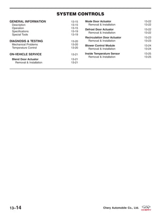 SYSTEM CONTROLS
GENERAL INFORMATION 13-15
Description 13-15
Operation 13-15
Specifications 13-19
Special Tools 13-19
DIAGNOSIS & TESTING 13-20
Mechanical Problems 13-20
Temperature Control 13-20
ON-VEHICLE SERVICE 13-21
Blend Door Actuator 13-21
Removal & Installation 13-21
Mode Door Actuator 13-22
Removal & Installation 13-22
Defrost Door Actuator 13-22
Removal & Installation 13-22
Recirculation Door Actuator 13-23
Removal & Installation 13-23
Blower Control Module 13-24
Removal & Installation 13-24
Inside Temperature Sensor 13-25
Removal & Installation 13-25
13–14 Chery Automobile Co., Ltd.
 