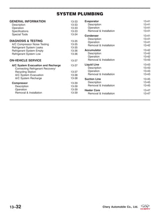 SYSTEM PLUMBING
GENERAL INFORMATION 13-33
Description 13-33
Operation 13-33
Specifications 13-33
Special Tools 13-34
DIAGNOSIS & TESTING 13-35
A/C Compressor Noise Testing 13-35
Refrigerant System Leaks 13-35
Refrigerant System Empty 13-36
Refrigerant System Low 13-36
ON-VEHICLE SERVICE 13-37
A/C System Evacuation and Recharge 13-37
Connecting Refrigerant Recovery/
Recycling Station 13-37
A/C System Evacuation 13-38
A/C System Recharge 13-38
Compressor 13-39
Description 13-39
Operation 13-39
Removal & Installation 13-39
Evaporator 13-41
Description 13-41
Operation 13-41
Removal & Installation 13-41
Condenser 13-41
Description 13-41
Operation 13-41
Removal & Installation 13-42
Accumulator 13-42
Description 13-42
Operation 13-42
Removal & Installation 13-43
Liquid Line 13-43
Description 13-43
Operation 13-43
Removal & Installation 13-43
Suction Line 13-45
Description 13-45
Removal & Installation 13-45
Heater Core 13-47
Removal & Installation 13-47
13–32 Chery Automobile Co., Ltd.
 