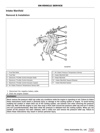 Intake Manifold
Removal & Installation
1. Disconnect the negative battery cable.
2. Drain the engine coolant.
WARNING!
Never remove the pressure relief cap under any conditions while the engine is operating or hot. Failure to follow
these instructions could result in personal injury or damage to the cooling system or engine. To avoid having
scalding hot coolant or steam blow out of the cooling system, use extreme care when removing the pressure
relief cap. Wait until the engine is cool, then wrap a thick cloth around the pressure relief cap and turn it slowly
one turn (counterclockwise). Step back while the pressure is released from the cooling system. When you are
certain all the pressure has been released, (with a cloth) turn and remove the pressure relief cap. Failure to
follow these instructions may result in serious personal injury.
1 - Fuel Rail Bolts
2 - Fuel Rail
3 - Electronic Throttle Control Actuator Bolts
4 - Electronic Throttle Control Actuator
5 - Electronic Throttle Control Actuator Gasket
6 - Air Intake Pressure Temperature Sensor Bolt
7 - Air Intake Pressure Temperature Sensor
8 - Intake Manifold Bolt
9 - Intake Manifold
10 - Intake Manifold Support Bracket
11 - Intake Manifold Gasket
ON-VEHICLE SERVICE
LTSM020164
02–42 Chery Automobile Co., Ltd.
 