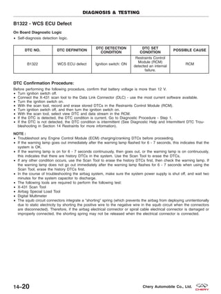 B1322 - WCS ECU Defect
On Board Diagnostic Logic
• Self-diagnosis detection logic.
DTC NO. DTC DEFINITION
DTC DETECTION
CONDITION
DTC SET
CONDITION
POSSIBLE CAUSE
B1322 WCS ECU defect Ignition switch: ON
Restraints Control
Module (RCM)
detected an internal
failure.
RCM
DTC Confirmation Procedure:
Before performing the following procedure, confirm that battery voltage is more than 12 V.
• Turn ignition switch off.
• Connect the X-431 scan tool to the Data Link Connector (DLC) - use the most current software available.
• Turn the ignition switch on.
• With the scan tool, record and erase stored DTCs in the Restraints Control Module (RCM).
• Turn ignition switch off, and then turn the ignition switch on.
• With the scan tool, select view DTC and data stream in the RCM.
• If the DTC is detected, the DTC condition is current. Go to Diagnostic Procedure - Step 1.
• If the DTC is not detected, the DTC condition is intermittent (See Diagnostic Help and Intermittent DTC Trou-
bleshooting in Section 14 Restraints for more information).
NOTE :
• Troubleshoot any Engine Control Module (ECM) charging/cranking DTCs before proceeding.
• If the warning lamp goes out immediately after the warning lamp flashed for 6 - 7 seconds, this indicates that the
system is OK.
• If the warning lamp is on for 6 - 7 seconds continuously, then goes out, or the warning lamp is on continuously,
this indicates that there are history DTCs in the system. Use the Scan Tool to erase the DTCs.
• If any other condition occurs, use the Scan Tool to erase the history DTCs first, then check the warning lamp. If
the warning lamp does not go out immediately after the warning lamp flashes for 6 - 7 seconds when using the
Scan Tool, erase the history DTCs first.
• In the course of troubleshooting the airbag system, make sure the system power supply is shut off, and wait two
minutes for the system capacitor to discharge.
• The following tools are required to perform the following test:
• X-431 Scan Tool
• Airbag Special Load Tool
• Digital Multimeter
• The squib circuit connectors integrate a ЉshortingЉ spring (which prevents the airbag from deploying unintentionally
due to static electricity by shorting the positive wire to the negative wire in the squib circuit when the connectors
are disconnected). Therefore, if the airbag electrical connector or spiral cable electrical connector is damaged or
improperly connected, the shorting spring may not be released when the electrical connector is connected.
DIAGNOSIS & TESTING
14–20 Chery Automobile Co., Ltd.
 