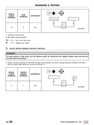 SPIRAL
CABLE
TERMINAL
RCM
TERMINAL
CONTINUITY
12 3 Yes
• Continuity should exist.
Is the check result normal?
Yes >> • Go to the next step.
No >> • Replace the cable.
3. CHECK DRIVER AIRBAG CONTROL CIRCUITS
WARNING!
To avoid serious or fatal injury, turn the ignition switch off, disconnect the negative battery cable and wait two
minutes before proceeding.
• Check harness continuity of the driver airbag circuit between the driver airbag electrical connector terminal 1
and the spiral cable electrical connector terminal 11.
SPIRAL
CABLE
TERMINAL
DRIVER
AIRBAG
TERMINAL
CONTINUITY
11 1 Yes
DIAGNOSIS & TESTING
14–26 Chery Automobile Co., Ltd.
 