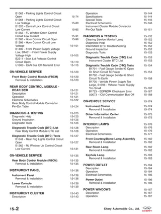 B1063 - Parking Lights Control Circuit
Open 15-74
B1064 - Parking Lights Control Circuit
Low Voltage 15-80
B1320 - Central Lock Control Circuit
Low Current 15-85
B1353 - FL Window Down Control
Circuit Low Current 15-91
B1385 - Horn Control Circuit Open 15-96
B1386 - Horn Control Circuit Low
Voltage 15-101
B1400 - Front Power Supply Voltage
Low, B1401 - Front Power Supply
Voltage High 15-105
B2311 - Boot Lid Release Control
Circuit Open 15-110
U1000 - CAN Bus Off-Transmit Error 15-115
ON-VEHICLE SERVICE 15-120
Front Body Control Module (FBCM) 15-120
Removal & Installation 15-120
REAR BODY CONTROL MODULE -
REAR BCM 15-121
Description 15-121
Operation 15-121
Electrical Schematics 15-122
Rear Body Control Module Connector
Pin-Out Table 15-124
DIAGNOSIS & TESTING 15-125
Diagnostic Help 15-125
Ground Inspection 15-125
Diagnostic Tools 15-125
Diagnostic Trouble Code (DTC) List 15-126
Rear Body Control Module DTC List 15-126
Diagnostic Trouble Code (DTC) Tests 15-127
B1048 - Rear Fog Lights Control Circuit
Open 15-127
B1362 - RL Window Up Control Circuit
Low Current 15-131
ON-VEHICLE SERVICE 15-135
Rear Body Control Module (RBCM) 15-135
Removal & Installation 15-135
INSTRUMENT PANEL 15-136
Instrument Panel 15-136
Removal & Installation 15-136
Lower Console 15-139
Removal & Installation 15-139
INSTRUMENT CLUSTER 15-143
Description 15-143
Operation 15-144
Specifications 15-144
Special Tools 15-145
Electrical Schematics 15-146
Instrument Cluster Module Connector
Pin-Out Table 15-151
DIAGNOSIS & TESTING 15-152
Clearing Service Monitor Lamp 15-152
Diagnostic Help 15-152
Intermittent DTC Troubleshooting 15-152
Ground Inspection 15-152
Diagnostic Tools 15-153
Diagnostic Trouble Code (DTC) List 15-153
Instrument Cluster DTC List 15-153
Diagnostic Trouble Code (DTC) Tests 15-154
B1701 - Fuel Gauge Sender-G Open
Or Short Circuit To Power 15-154
B1702 - Fuel Gauge Sender-G Short
Circuit To Earth 15-158
B1705 - Vehicle Power Supply Too
Large, B1706 - Vehicle Power Supply
Too Small 15-162
B1723 - EEPROM Checksum Error 15-167
U0073 - ICM Communication Bus Off 15-168
ON-VEHICLE SERVICE 15-174
Instrument Cluster 15-174
Removal & Installation 15-174
Driver Information Center 15-175
Removal & Installation 15-175
INTERIOR LAMPS 15-176
Description 15-176
Operation 15-176
Electrical Schematics 15-177
Front Courtesy/Dome Lamp Assembly 15-182
Removal & Installation 15-182
Rear Room Lamp 15-182
Removal & Installation 15-182
Keyhole Lamp 15-183
Removal & Installation 15-183
POWER OUTLET 15-184
Description 15-184
Operation 15-184
Electrical Schematics 15-185
Power Outlet 15-186
Removal & Installation 15-186
POWER WINDOWS 15-187
Description 15-187
Operation 15-187
15–2 Chery Automobile Co., Ltd.
 