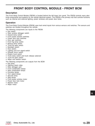 FRONT BODY CONTROL MODULE - FRONT BCM
Description
The Front Body Control Module (FBCM) is located behind the left lower trim panel. The FBCM controls many elec-
trical components and systems for the vehicle electrical system. The FBCM is the primary hub that controls functions
such as internal and external lighting, power windows and power door locks.
Operation
The Front Body Control Module (FBCM) uses hard wired inputs from various sensors and switches. The sensors and
switches are located throughout the vehicle.
The following components are inputs to the FBCM:
• Key switch
• Rear window defogger switch
• Hazard lamp switch
• Front power window switches
• Power door lock switches
• Door ajar switches
• Front fog lamp switch
• Backup lamp switch
• Trunk lid open switch
• Backlight switch
• Horn switch
• Lighting and turn signal switch
• Outside mirror switch
• Engine hood switch
• Trunk lamp switch and trunk release solenoid
• Trunk lid open switch
• Wiper and washer switch
The following components are outputs from the BCM:
• Key lamp
• High/low beam relay
• Rear defogger grid
• Front combination lamps
• Rear combination lamps
• Courtesy lamps
• Turn signal lamps
• Security lamp
• Step lamps
• Front power window motor
• Power door lock motor
• Washer motor
• Wiper motor
15
15–39Chery Automobile Co., Ltd.
 