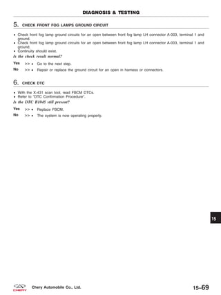 5. CHECK FRONT FOG LAMPS GROUND CIRCUIT
• Check front fog lamp ground circuits for an open between front fog lamp LH connector A-003, terminal 1 and
ground.
• Check front fog lamp ground circuits for an open between front fog lamp LH connector A-003, terminal 1 and
ground.
• Continuity should exist.
Is the check result normal?
Yes >> • Go to the next step.
No >> • Repair or replace the ground circuit for an open in harness or connectors.
6. CHECK DTC
• With the X-431 scan tool, read FBCM DTCs.
• Refer to ЉDTC Confirmation ProcedureЉ.
Is the DTC B1045 still present?
Yes >> • Replace FBCM.
No >> • The system is now operating properly.
DIAGNOSIS & TESTING
15
15–69Chery Automobile Co., Ltd.
 