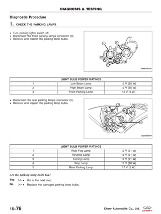Diagnostic Procedure
1. CHECK THE PARKING LAMPS
• Turn parking lights switch off.
• Disconnect the front parking lamps connector (3).
• Remove and inspect the parking lamp bulbs.
LIGHT BULB POWER RATINGS
1 Low Beam Lamp 12 V (55 W)
2 High Beam Lamp 12 V (55 W)
3 Front Parking Lamp 12 V (5 W)
• Disconnect the rear parking lamps connector (5).
• Remove and inspect the parking lamp bulbs.
LIGHT BULB POWER RATINGS
1 Rear Fog Lamp 12 V (21 W)
2 Reverse Lamp 12 V (21 W)
3 Turning Lamp 12 V (21 W)
4 Stop Lamp 12 V (18 W)
5 Rear Parking Lamp 12 V (5 W)
Are the parking lamp bulbs OK?
Yes >> • Go to the next step.
No >> • Replace the damaged parking lamp bulbs.
DIAGNOSIS & TESTING
VISM150102
VISM150104
15–76 Chery Automobile Co., Ltd.
 