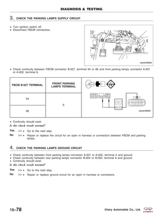 3. CHECK THE PARKING LAMPS SUPPLY CIRCUIT
• Turn ignition switch off.
• Disconnect FBCM connectors.
• Check continuity between FBCM connector B-027, terminal 94 or 96 and front parking lamps connector A-001
or A-002, terminal 6.
FBCM B-027 TERMINAL
FRONT PARKING
LAMPS TERMINAL
94
6
96
• Continuity should exist.
Is the check result normal?
Yes >> • Go to the next step.
No >> • Repair or replace the circuit for an open in harness or connectors between FBCM and parking
lamps.
4. CHECK THE PARKING LAMPS GROUND CIRCUIT
• Check continuity between front parking lamps connector A-001 or A-002, terminal 4 and ground.
• Check continuity between rear parking lamps connector B-004 or B-005, terminal 8 and ground.
• Continuity should exist.
Is the check result normal?
Yes >> • Go to the next step.
No >> • Repair or replace ground circuit for an open in harness or connectors.
DIAGNOSIS & TESTING
VISMD150032
15–78 Chery Automobile Co., Ltd.
 