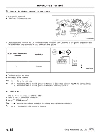 3. CHECK THE PARKING LAMPS CONTROL CIRCUIT
• Turn ignition switch off.
• Disconnect FBCM connectors.
• Check resistance between the LH combination lamp connector A-001, terminal 6 and ground or between the
RH combination lamp connector A-002, terminal 6 and ground.
FRONT PARKING LAMPS
TERMINAL
TERMINAL
6 Ground
• Continuity should not exists.
Is the check result normal?
Yes >> • Go to the next step.
No >> • Repair circuit for a short to ground in harness or connectors between FBCM and parking lamps.
• Repair circuit for a short to ground in front fuse and relay box E, L.
4. CHECK DTC
• With the X-431 scan tool, read FBCM DTCs.
• Refer to ЉDTC Confirmation ProcedureЉ.
Is the DTC B1064 present?
Yes >> • Replace and program FBCM in accordance with the service information.
No >> • The system is now operating properly.
DIAGNOSIS & TESTING
VISMD150032
15–84 Chery Automobile Co., Ltd.
 