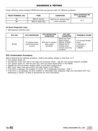 Check reference values between FBCM terminals and ground under the following conditions:
FBCM TERMINAL NO. ITEM CONDITION
DATA (AVERAGE DC
VOLTAGE)
85 WIN FL Up Out With the FL window down
switch activated.
12 V
86 WIN FL Down Out
On Board Diagnostic Logic
• Self-diagnosis detection logic.
DTC NO. DTC DEFINITION
DTC DETECTION
CONDITION
DTC SET
CONDITION
POSSIBLE CAUSE
B1353
FL window down
control circuit low
current
With the FL window
down switch
activated.
When the Front
Body Control
Module (FBCM)
detects the FL
window down
control circuit low
condition.
• FL power window
motor
• Harness or
connectors
• FBCM
DTC Confirmation Procedure:
Before performing the following procedure, confirm that battery voltage is more than 12 V.
• Turn ignition switch off.
• Connect the X-431 scan tool to the Data Link Connector (DLC) - use the most current software available.
• Turn ignition switch on, with the scan tool, view and erase stored DTCs in the FBCM.
• Operate the left front power window switch up and down several times.
• With X-431 select view active DTCs and data stream in the FBCM.
• If the DTC is detected, the condition is current. Go to Diagnostic Procedure - Step 1.
• If the DTC is not detected, the DTC condition is intermittent (See Diagnostic Help and Intermittent DTC Trou-
bleshooting in Section 15 Body & Accessories for more information).
DIAGNOSIS & TESTING
15–92 Chery Automobile Co., Ltd.
 