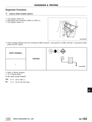 Diagnostic Procedure
1. CHECK HORN POWER SUPPLY
• Turn ignition switch off.
• Disconnect horn connector A-006 or A-005 (1).
• Turn ignition switch on.
• Check voltage between the horn connector A-006, terminal 1 and ground or A-005, terminal 1 and ground when
press the horn switch.
HORN TERMINAL
GROUND
1
• Refer to Wiring Diagram.
• 12 V should exists.
Is the check result normal?
Yes >> • Go to step 3.
No >> • Go to the next step.
DIAGNOSIS & TESTING
VISMD150058
15
15–103Chery Automobile Co., Ltd.
 