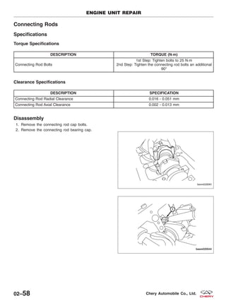 Connecting Rods
Specifications
Torque Specifications
DESCRIPTION TORQUE (N·m)
Connecting Rod Bolts
1st Step: Tighten bolts to 25 N·m
2nd Step: Tighten the connecting rod bolts an additional
90°
Clearance Specifications
DESCRIPTION SPECIFICATION
Connecting Rod Radial Clearance 0.016 - 0.051 mm
Connecting Rod Axial Clearance 0.002 - 0.013 mm
Disassembly
1. Remove the connecting rod cap bolts.
2. Remove the connecting rod bearing cap.
ENGINE UNIT REPAIR
BESM020043
BESM020044
02–58 Chery Automobile Co., Ltd.
 