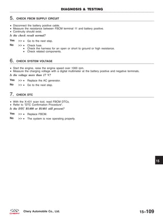 5. CHECK FBCM SUPPLY CIRCUIT
• Disconnect the battery positive cable.
• Measure the resistance between FBCM terminal 11 and battery positive.
• Continuity should exist.
Is the check result normal?
Yes >> • Go to the next step.
No >> • Check fuse.
• Check the harness for an open or short to ground or high resistance.
• Check related components.
6. CHECK SYSTEM VOLTAGE
• Start the engine, raise the engine speed over 1000 rpm.
• Measure the charging voltage with a digital multimeter at the battery positive and negative terminals.
Is the voltage more than 17 V?
Yes >> • Replace the AC generator.
No >> • Go to the next step.
7. CHECK DTC
• With the X-431 scan tool, read FBCM DTCs.
• Refer to ЉDTC Confirmation ProcedureЉ.
Is the DTC B1400 or B1401 still present?
Yes >> • Replace FBCM.
No >> • The system is now operating properly.
DIAGNOSIS & TESTING
15
15–109Chery Automobile Co., Ltd.
 