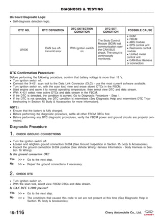 On Board Diagnostic Logic
• Self-diagnosis detection logic.
DTC NO. DTC DEFINITION
DTC DETECTION
CONDITION
DTC SET
CONDITION
POSSIBLE CAUSE
U1000
CAN bus off-
transmit error
With ignition switch
on
The Body Control
Module (BCM) lost
communication over
the CAN BUS
circuit. The circuit is
continuously
monitored.
• ECM
• FBCM
• ABS module
• EPS control unit
• Restraints control
module
• Unified meter
control unit
• CAN-Bus Harness
or connectors
DTC Confirmation Procedure:
Before performing the following procedure, confirm that battery voltage is more than 12 V.
• Turn ignition switch off.
• Connect the X-431 scan tool to the Data Link Connector (DLC) - use the most current software available.
• Turn ignition switch on, with the scan tool, view and erase stored DTCs in the FBCM.
• Start engine and warm it to normal operating temperature, then select view DTC and data stream.
• With X-431 select view active DTCs and data stream in the FBCM.
• If the DTC is detected, the condition is current. Go to Diagnostic Procedure - Step 1.
• If the DTC is not detected, the DTC condition is intermittent (See Diagnostic Help and Intermittent DTC Trou-
bleshooting in Section 15 Body & Accessories for more information).
NOTE :
• Ensure that the battery is fully charged.
• Before performing the diagnostic procedure, settle all other FBCM DTCs first.
• Before performing any DTC diagnostic procedures, verify the FBCM power and ground circuits are properly con-
nected.
Diagnostic Procedure
1. CHECK GROUND CONNECTIONS
• Turn the ignition switch off.
• Loosen and retighten ground connectors B-204 (See Ground Inspection in Section 15 Body & Accessories).
• Inspect the ground connection B-204 position (See Vehicle Wiring Harness Information - Body Harness in Sec-
tion 16 Wiring).
Is the ground connection OK?
Yes >> • Go to the next step.
No >> • Repair the ground connections if necessary.
2. CHECK DTC
• Turn ignition switch on.
• With the scan tool, select view FBCM DTCs and data stream.
Is CAN DTC U1000 present?
Yes >> • Go to the next step.
No >> • The conditions that caused this code to set are not present at this time (See Diagnostic Help in
Section 15 Body & Accessories).
DIAGNOSIS & TESTING
15–116 Chery Automobile Co., Ltd.
 