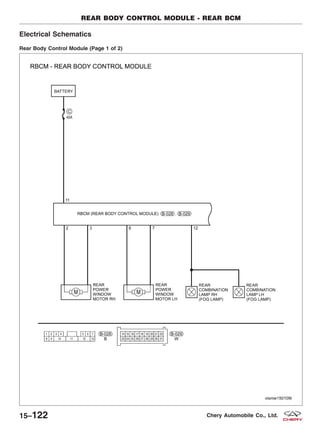 Electrical Schematics
Rear Body Control Module (Page 1 of 2)
REAR BODY CONTROL MODULE - REAR BCM
VISMW150109T
15–122 Chery Automobile Co., Ltd.
 