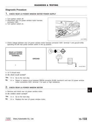 Diagnostic Procedure
1. CHECK REAR LH POWER WINDOW MOTOR POWER SUPPLY
• Turn ignition switch off.
• Disconnect rear LH power window motor harness
connector I-001.
• Turn ignition switch on.
• Check voltage between rear LH power window motor harness connector I-001, terminal 1 and ground while
operating the left rear power window switch in the up position.
REAR LH POWER
WINDOW MOTOR
TERMINAL
GROUND
1
• 12 V should exist.
Is the check result normal?
Yes >> • Go to the next step.
No >> • Repair or replace circuit between RBCM connector B-028, terminal 6 and rear LH power window
motor connectors I-001, terminal 1 for open or high resistance.
2. CHECK REAR LH POWER WINDOW MOTOR
• Remove and check rear LH power window motor.
Is the window motor normal?
Yes >> • Go to the next step.
No >> • Replace the rear LH power window motor.
DIAGNOSIS & TESTING
VISM150092
15
15–133Chery Automobile Co., Ltd.
 