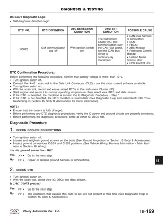 On Board Diagnostic Logic
• Self-diagnosis detection logic.
DTC NO. DTC DEFINITION
DTC DETECTION
CONDITION
DTC SET
CONDITION
POSSIBLE CAUSE
U0073
ICM communication
bus off
With ignition switch
on
The Instrument
Cluster (IC) lost
communication over
the CAN-Bus circuit,
and the CAN-Bus
circuit is
continuously
monitored.
• CAN-Bus harness
or connectors
• ECM
• FBCM
• ABS Module
• Restraints Control
Module
• Unified Meter
Control Unit
• EPS Control Unit
DTC Confirmation Procedure:
Before performing the following procedure, confirm that battery voltage is more than 12 V.
• Turn ignition switch off.
• Connect the X-431 scan tool to the Data Link Connector (DLC) - use the most current software available.
• Turn ignition switch on.
• With the scan tool, record and erase stored DTCs in the Instrument Cluster (IC).
• Start engine and warm it to normal operating temperature, then select view DTC and data stream.
• If the DTC is detected, the condition is current. Go to Diagnostic Procedure - Step 1.
• If the DTC is not detected, the DTC condition is intermittent (See Diagnostic Help and Intermittent DTC Trou-
bleshooting in Section 15 Body & Accessories for more information).
NOTE :
• Ensure that the battery is fully charged.
• Before performing any DTC diagnostic procedures, verify the IC power and ground circuits are properly connected.
• Before performing the diagnostic procedure, settle all other IC DTCs first.
Diagnostic Procedure
1. CHECK GROUND CONNECTIONS
• Turn ignition switch off.
• Loosen and retighten ground screws on the body (See Ground Inspection in Section 15 Body & Accessories).
• Inspect ground connections C-201 and C-202 positions (See Vehicle Wiring Harness Information - Main Har-
ness in Section 16 Wiring).
Are the ground connections OK?
Yes >> • Go to the next step.
No >> • Repair or replace ground harness or connections.
2. CHECK DTC
• Turn ignition switch on.
• With the scan tool, select view IC DTCs and data stream.
Is DTC U0073 present?
Yes >> • Go to the next step.
No >> • The conditions that caused this code to set are not present at this time (See Diagnostic Help in
Section 15 Body & Accessories).
DIAGNOSIS & TESTING
15
15–169Chery Automobile Co., Ltd.
 