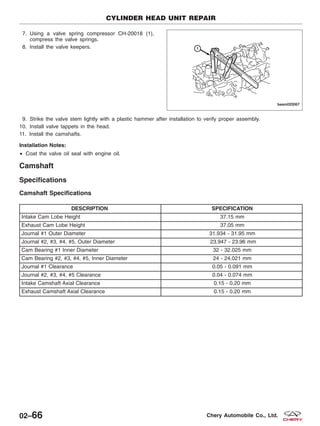 7. Using a valve spring compressor CH-20018 (1),
compress the valve springs.
8. Install the valve keepers.
9. Strike the valve stem lightly with a plastic hammer after installation to verify proper assembly.
10. Install valve tappets in the head.
11. Install the camshafts.
Installation Notes:
• Coat the valve oil seal with engine oil.
Camshaft
Specifications
Camshaft Specifications
DESCRIPTION SPECIFICATION
Intake Cam Lobe Height 37.15 mm
Exhaust Cam Lobe Height 37.05 mm
Journal #1 Outer Diameter 31.934 - 31.95 mm
Journal #2, #3, #4, #5, Outer Diameter 23.947 - 23.96 mm
Cam Bearing #1 Inner Diameter 32 - 32.025 mm
Cam Bearing #2, #3, #4, #5, Inner Diameter 24 - 24.021 mm
Journal #1 Clearance 0.05 - 0.091 mm
Journal #2, #3, #4, #5 Clearance 0.04 - 0.074 mm
Intake Camshaft Axial Clearance 0.15 - 0.20 mm
Exhaust Camshaft Axial Clearance 0.15 - 0.20 mm
CYLINDER HEAD UNIT REPAIR
BESM020067
02–66 Chery Automobile Co., Ltd.
 