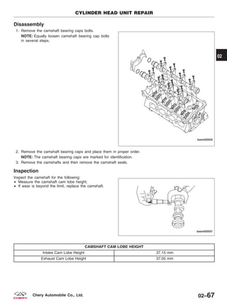Disassembly
1. Remove the camshaft bearing caps bolts.
NOTE: Equally loosen camshaft bearing cap bolts
in several steps.
2. Remove the camshaft bearing caps and place them in proper order.
NOTE: The camshaft bearing caps are marked for identification.
3. Remove the camshafts and then remove the camshaft seals.
Inspection
Inspect the camshaft for the following:
• Measure the camshaft cam lobe height.
• If wear is beyond the limit, replace the camshaft.
CAMSHAFT CAM LOBE HEIGHT
Intake Cam Lobe Height 37.15 mm
Exhaust Cam Lobe Height 37.05 mm
CYLINDER HEAD UNIT REPAIR
BESM020035
BESM020037
02
02–67Chery Automobile Co., Ltd.
 