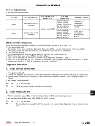 On Board Diagnostic Logic
• Self-diagnosis detection logic.
DTC NO. DTC DEFINITION
DTC DETECTION
CONDITION
DTC SET
CONDITION
POSSIBLE CAUSE
B3042
W-line short circuit
to ground
Ignition switch: ON
The Immobilizer
detects a short
ground condition on
the W-Line for at
least 3 seconds.
• Harness or
connectors
• Immobilizer
• ECM
B3043
W-Line short circuit
to battery
The Immobilizer
detects a short
battery condition on
the W-Line for at
least 3 seconds.
• Harness or
connectors
• Immobilizer
• ECM
DTC Confirmation Procedure:
Before performing the following procedure, confirm that battery voltage is more than 12 V.
• Turn ignition switch off.
• Connect the X-431 scan tool to the Data Link Connector (DLC) - use the most current software available.
• Turn ignition switch on, with the scan tool, view and erase stored DTCs in Immobilizer.
• Try to start the engine.
• Turn ignition switch off, and wait a few seconds, then turn the ignition switch on.
• With the scan tool, view active DTCs in the Immobilizer.
• If the DTC is detected, the condition is current. Go to Diagnostic Procedure - Step 1.
• If the DTC is not detected, the DTC condition is intermittent (See Diagnostic Help and Intermittent DTC Trou-
bleshooting in Section 15 Body & Accessories for more information).
Diagnostic Procedure
1. CHECK GROUND CONNECTIONS
• Turn ignition switch off.
• Loosen and retighten ground screws on the body (See Ground Inspection in Section 15 Body & Accessories).
• Inspect ground connection C-204 position (See Vehicle Wiring Harness Layout - Main Harness in Section 16
Wiring).
Is the ground connection OK?
Yes >> • Go to the next step.
No >> • Repair or replace ground harness or connections.
2. CHECK IMMOBILIZER DTC
• With the scan tool, view DTCs in the Immobilizer. Refer to DTC confirmation procedure.
Is the warning light flashing and DTC B3042 or B3043 present?
Yes >> • Go to the next step.
No >> • The condition that caused the DTC is currently not present. See Diagnostic Help for more informa-
tion.
DIAGNOSIS & TESTING
15
15–215Chery Automobile Co., Ltd.
 
