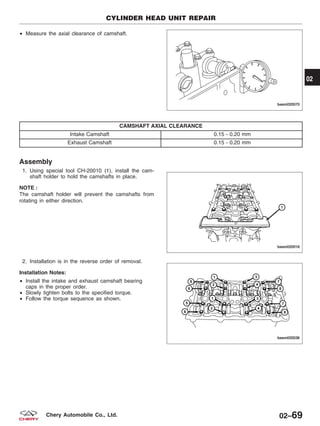 • Measure the axial clearance of camshaft.
CAMSHAFT AXIAL CLEARANCE
Intake Camshaft 0.15 - 0.20 mm
Exhaust Camshaft 0.15 - 0.20 mm
Assembly
1. Using special tool CH-20010 (1), install the cam-
shaft holder to hold the camshafts in place.
NOTE :
The camshaft holder will prevent the camshafts from
rotating in either direction.
2. Installation is in the reverse order of removal.
Installation Notes:
• Install the intake and exhaust camshaft bearing
caps in the proper order.
• Slowly tighten bolts to the specified torque.
• Follow the torque sequence as shown.
CYLINDER HEAD UNIT REPAIR
BESM020070
BESM020016
BESM020036
02
02–69Chery Automobile Co., Ltd.
 