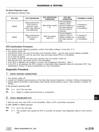 On Board Diagnostic Logic
• Self-diagnosis detection logic.
DTC NO. DTC DEFINITION
DTC DETECTION
CONDITION
DTC SET
CONDITION
POSSIBLE CAUSE
B3050
Relay external line
short circuit to
ground or open
circuit, relay external
line malfunction
With ignition switch
on
The Immobilizer
detects a short
ground condition on
the relay external
line for at least 3
seconds.
• Harness or
connectors
• Immobilizer
B3053
Relay external line
short circuit to
battery
With the ignition
switch on
The Immobilizer
detects a short to
battery condition on
the relay external
line.
• Harness or
connectors
• Immobilizer
DTC Confirmation Procedure:
Before performing the following procedure, confirm that battery voltage is more than 12 V.
• Turn ignition switch off.
• Connect the X-431 scan tool to the Data Link Connector (DLC) - use the most current software available.
• Turn ignition switch on, with the scan tool, view and erase stored DTCs in Immobilizer.
• Try to start the engine.
• Turn ignition switch off, and wait a few seconds, then turn ignition switch on.
• With the scan tool, view active DTCs in the Immobilizer.
• If the DTC is detected, the condition is current. Go to Diagnostic Procedure - Step 1.
• If the DTC is not detected, the DTC condition is intermittent (See Diagnostic Help and Intermittent DTC Trou-
bleshooting in Section 15 Body & Accessories for more information).
Diagnostic Procedure
1. CHECK GROUND CONNECTIONS
• Turn ignition switch off.
• Loosen and retighten ground screws on the body (See Ground Inspection in Section 15 Body & Accessories).
• Inspect ground connection C-204 position (See Vehicle Wiring Harness Layout - Main Harness in Section 16
Wiring).
Is the ground connection OK?
Yes >> • Go to the next step.
No >> • Repair or replace ground harness or connections.
2. CHECK IMMOBILIZER DTC
• With the scan tool, view DTCs in the Immobilizer. Refer to DTC confirmation procedure.
Is DTC B3050 or B3053 present?
Yes >> • Go to the next step.
No >> • The condition that caused the DTC is currently not present. See Diagnostic Help for more informa-
tion.
DIAGNOSIS & TESTING
15
15–219Chery Automobile Co., Ltd.
 