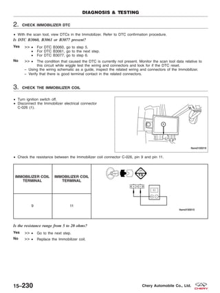 2. CHECK IMMOBILIZER DTC
• With the scan tool, view DTCs in the Immobilizer. Refer to DTC confirmation procedure.
Is DTC B3060, B3061 or B3077 present?
Yes >> • For DTC B3060, go to step 5.
• For DTC B3061, go to the next step.
• For DTC B3077, go to step 6.
No >> • The condition that caused the DTC is currently not present. Monitor the scan tool data relative to
this circuit while wiggle test the wiring and connectors and look for if the DTC reset.
− Using the wiring schematic as a guide, inspect the related wiring and connectors of the Immobilizer.
− Verify that there is good terminal contact in the related connectors.
3. CHECK THE IMMOBILIZER COIL
• Turn ignition switch off.
• Disconnect the Immobilizer electrical connector
C-026 (1).
• Check the resistance between the Immobilizer coil connector C-026, pin 9 and pin 11.
IMMOBILIZER COIL
TERMINAL
IMMOBILIZER COIL
TERMINAL
9 11
Is the resistance range from 5 to 20 ohms?
Yes >> • Go to the next step.
No >> • Replace the Immobilizer coil.
DIAGNOSIS & TESTING
LTSMD150019
15–230 Chery Automobile Co., Ltd.
 
