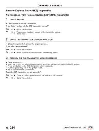 Remote Keyless Entry (RKE) Inoperative
No Response From Remote Keyless Entry (RKE) Transmitter
1. CHECK BATTERY
• Check battery of the RKE transmitter.
Is the battery voltage of the RKE transmitter normal?
Yes >> • Go to the next step.
No >> • This concern has been caused by the transmitter battery.
• Go to step 4.
2. CHECK THE IGNITION LOCK CYLINDER CONDITION
• Check the ignition lock cylinder for proper operation.
Is the check result normal?
Yes >> • Go to the next step.
No >> • Repair or replace the ignition lock cylinder key switch.
3. PERFORM THE RKE TRANSMITTER MATCH PROCEDURE
• Close all the doors.
• Insert the ignition key into the ignition switch which has lost synchronization in LOCK position.
• Press any button on the RKE transmitter within 5 seconds.
• Pull the ignition key out of the ignition switch.
• Try to operate the RKE transmitter.
Does the RKE transmitter operate properly?
Yes >> • Erase all codes before returning the vehicle to the customer.
No >> • Go to the next step.
ON-VEHICLE SERVICE
15–234 Chery Automobile Co., Ltd.
 