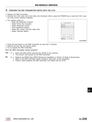 4. PERFORM THE RKE TRANSMITTER MATCH WITH THE X-431
• Replace the RKE transmitter.
• Connect the X-431 scan tool to the Data Link Connector (DLC), press the POWER key to start the X-431 (use
the most current software available).
• Turn ignition switch on.
− Enter the Diagnostic Program.
− Select Chery main program.
− Select diagnostic version.
− Enter download program.
− Select M11 series, and then select ISU.
− Select ЉRemoter MatchЉ.
• Press the lock button on the RKE transmitter for less than 2 seconds.
• Remove the key from the ignition switch.
• Try to operate the RKE transmitter.
Does the RKE transmitter operate properly?
Yes >> • Erase all codes before returning the vehicle to the customer.
• The concern was caused by the RKE transmitter.
No >> • Replace the FBCM (See FBCM Removal & Installation in Section 15 Body & Accessories).
• Refer to the RKE transmitter match procedure with X-431 as the description.
• Perform match between the RKE transmitter and FBCM with the X-431.
ON-VEHICLE SERVICE
LTSMD150020T
15
15–235Chery Automobile Co., Ltd.
 