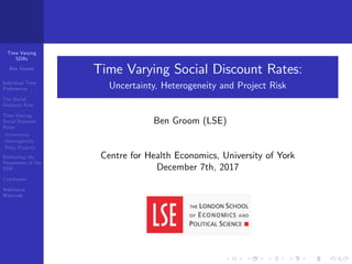 Time Varying
SDRs
Ben Groom
Individual Time
Preferences
The Social
Discount Rate
Time Varying
Social Discount
Rates
Uncertainty
Heterogeneity
Risky Projects
Estimating the
Parameters of the
SDR
Conclusion
Additional
Materials
Time Varying Social Discount Rates:
Uncertainty, Heterogeneity and Project Risk
Ben Groom (LSE)
Centre for Health Economics, University of York
December 7th, 2017
 
