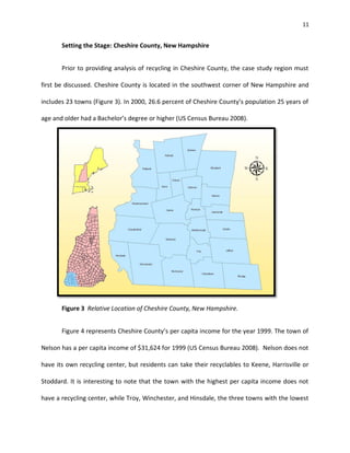 11


       Setting the Stage: Cheshire County, New Hampshire


       Prior to providing analysis of recycling in Cheshire County, the case study region must

first be discussed. Cheshire County is located in the southwest corner of New Hampshire and

includes 23 towns (Figure 3). In 2000, 26.6 percent of Cheshire County’s population 25 years of

age and older had a Bachelor’s degree or higher (US Census Bureau 2008).




       Figure 3 Relative Location of Cheshire County, New Hampshire.


       Figure 4 represents Cheshire County’s per capita income for the year 1999. The town of

Nelson has a per capita income of $31,624 for 1999 (US Census Bureau 2008). Nelson does not

have its own recycling center, but residents can take their recyclables to Keene, Harrisville or

Stoddard. It is interesting to note that the town with the highest per capita income does not

have a recycling center, while Troy, Winchester, and Hinsdale, the three towns with the lowest
 
