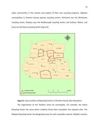 14


urban communities in the creation and support of their own recycling programs. Eighteen

municipalities in Cheshire County operate recycling centers. Richmond uses the Winchester

recycling center, Roxbury uses the Marlborough recycling center, and Sullivan, Nelson, and

Surry use the Keene recycling center (Figure 6).




       Figure 6 Exact Locations of Recycling Centers in Cheshire County, New Hampshire.

       The organization of the facilities varies by municipality. For example, the Keene

Recycling Center has areas where residents throw their recyclables into separate piles. The

Walpole Recycling Center has designated areas for each recyclable material. Walpole recyclers
 