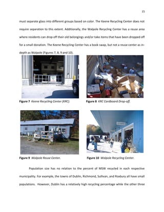 15


must separate glass into different groups based on color. The Keene Recycling Center does not

require separation to this extent. Additionally, the Walpole Recycling Center has a reuse area

where residents can drop off their old belongings and/or take items that have been dropped off

for a small donation. The Keene Recycling Center has a book swap, but not a reuse center as in-

depth as Walpole (Figures 7, 8, 9 and 10).




Figure 7 Keene Recycling Center (KRC).            Figure 8 KRC Cardboard Drop-off.




Figure 9 Walpole Reuse Center.                     Figure 10 Walpole Recycling Center.


       Population size has no relation to the percent of MSW recycled in each respective

municipality. For example, the towns of Dublin, Richmond, Sullivan, and Roxbury all have small

populations. However, Dublin has a relatively high recycling percentage while the other three
 