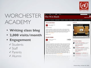 WORCHESTER
ACADEMY
• Writing class blog
• 2,000 visits/month
• Engagement
  ✓ Students
  ✓ Staff
  ✓ Parents
  ✓ Alumni


                       mStoner Blog, October 28, 2009
 