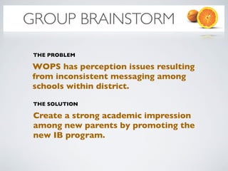 GROUP BRAINSTORM

 THE PROBLEM

 WOPS has perception issues resulting
 from inconsistent messaging among
 schools within district.

 THE SOLUTION

 Create a strong academic impression
 among new parents by promoting the
 new IB program.
 