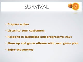 SURVIVAL

•   Prepare a plan

•   Listen to your customers

•   Respond in calculated and progressive ways

•   Show up and go on offense with your game plan

•   Enjoy the journey
 