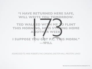 “I HAVE RETURNED HERE SAFE,




                173
      WILL WRITE YOU TOMORROW.

 TED WALKED WITH ME TO FLINT
THIS MORNING, HE IS STAYING HOME
        ANOTHER WEEK.

I SUPPOSE YOU GOT P.C. THIS MORN.”
             —WILL


ADDRESSED TO: MISS ROBERTS, THE GARDENS, EXETER HALL, PRESTON, LANCS




                                                  http://www.mmu.ac.uk/news/news-items/news-detail.php?id=1119
 