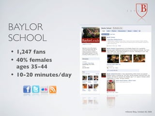 BAYLOR
SCHOOL
• 1,247 fans
• 40% females
  ages 35-44
• 10-20 minutes/day




                      mStoner Blog, October 28, 2009
 