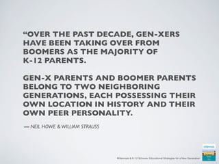 “OVER THE PAST DECADE, GEN-XERS
HAVE BEEN TAKING OVER FROM
BOOMERS AS THE MAJORITY OF
K-12 PARENTS.

GEN-X PARENTS AND BOO...