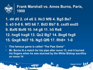 Frank Marshall vs. Amos Burns, Paris,
1900
1. d4 d5 2. c4 e6 3. Nc3 Nf6 4. Bg5 Be7
5. e3 0-0 6. Nf3 b6 7. Bd3 Bb7 8. cxd5 exd5
9. Bxf6 Bxf6 10. h4 g6 11. h5 Re8
12. hxg6 hxg6 13. Qc2 Bg7 14. Bxg6 fxg6
15. Qxg6 Nd7 16. Ng5 Qf6 17. Rh8+ 1-0
• This famous game is called “The Pipe Game”
• Mr. Burns lit a match for his pipe after move 13, and it burned
his fingers when he was stunned by the White Bishop sacrifice
on move 14
© 2011
Ch
ess
Mer
it
Page 115
 