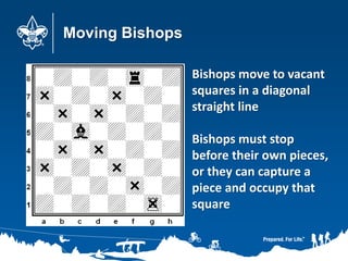 Moving Bishops
Bishops move to vacant
squares in a diagonal
straight line
Bishops must stop
before their own pieces,
or they can capture a
piece and occupy that
square
 