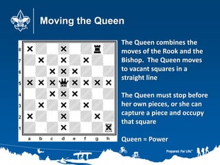 Moving the Queen
The Queen combines the
moves of the Rook and the
Bishop. The Queen moves
to vacant squares in a
straight line
The Queen must stop before
her own pieces, or she can
capture a piece and occupy
that square
Queen = Power
 