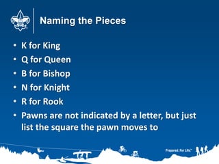 Naming the Pieces
• K for King
• Q for Queen
• B for Bishop
• N for Knight
• R for Rook
• Pawns are not indicated by a letter, but just
list the square the pawn moves to
 