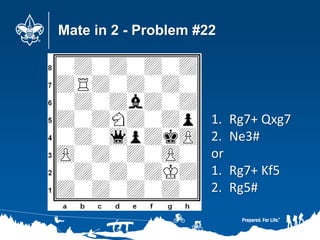Mate in 2 - Problem #22
1. Rg7+ Qxg7
2. Ne3#
or
1. Rg7+ Kf5
2. Rg5#
 
