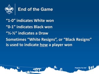 End of the Game
“1-0” indicates White won
“0-1” indicates Black won
“½-½” indicates a Draw
Sometimes “White Resigns”, or “...