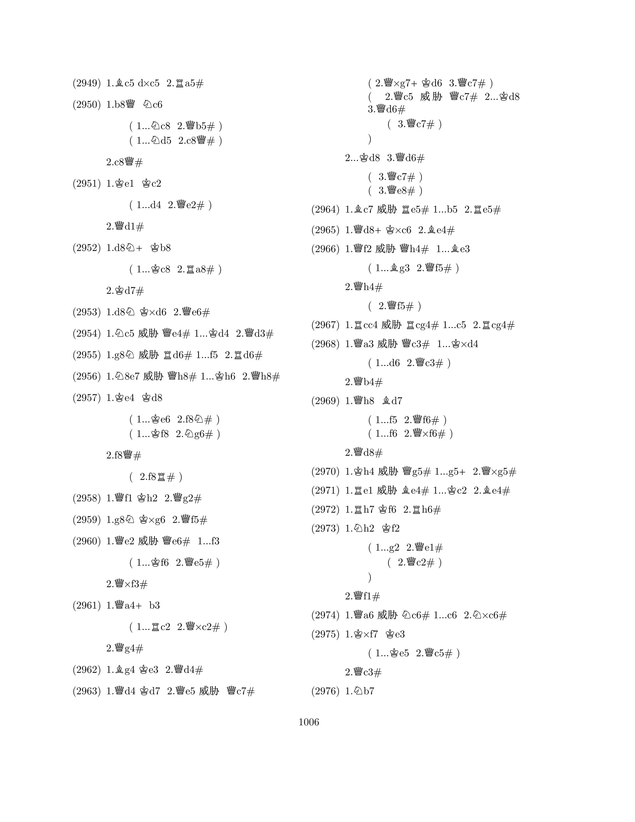 (2949) 1.Bc5 d×c5 2.Ra5# 
(2950) 1.b8QNc6 
( 1...Nc8 2.Qb5# ) 
( 1...d5 2.c8# ) 
2.c8Q# 
(2951) 1.Ke1 Kc2 
( 1...d4 2.Qe2# ) 
2.Qd1# 
(2952) 1.d8N+Kb8 
( 1...Kc8 2.Ra8# ) 
2.Kd7# 
(2953) 1.d8NK×d6 2.Qe6# 
(2954) 1.Nc5 % Qe4# 1...Kd4 2.Qd3# 
(2955) 1.g8N% Rd6# 1...f5 2.Rd6# 
(2956) 1.N8e7 % Qh8# 1...Kh6 2.Qh8# 
(2957) 1.Ke4 Kd8 
( 1...Ke6 2.f8N# ) 
( 1...f8 2.g6# ) 
2.f8Q# 
( 2.f8R# ) 
(2958) 1.Qf1 Kh2 2.Qg2# 
(2959) 1.g8NK×g6 2.Qf5# 
(2960) 1.Qe2 % Qe6# 1...f3 
( 1...Kf6 2.Qe5# ) 
2.Q×f3# 
(2961) 1.Qa4+b3 
( 1...Rc2 2.Q×c2# ) 
2.Qg4# 
(2962) 1.Bg4 Ke3 2.Qd4# 
(2963) 1.Qd4 Kd7 2.Qe5 % Qc7# 
( 2.Q×g7+Kd6 3.Qc7# ) 
( 2.c5 % c7# 2...Kd8 
3.Qd6# 
( 3.Qc7# ) 
2...Kd8 3.Qd6# 
( 3.Qc7# ) 
( 3.e8# ) 
BQQ) 
+KQRBBR(2964) 1.c7 % e5# 1...b5 2.e5# 
(2965) 1.d8×c6 2.e4# 
(2966) 1.f2 % h4# 1...e3 
( 1...Bg3 2.Qf5# ) 
2.Qh4# 
( 2.Qf5# ) 
(2967) 1.Rcc4 % Rcg4# 1...c5 2.Rcg4# 
(2968) 1.Qa3 % Qc3# 1...K×d4 
( 1...d6 2.Qc3# ) 
2.Qb4# 
(2969) 1.Qh8 Bd7 
( 1...f5 2.Qf6# ) 
( 1...f6 2.×f6# ) 
2.Qd8# 
(2970) 1.Kh4 % Qg5# 1...g5+2.Q×g5# 
(2971) 1.Re1 % Be4# 1...Kc2 2.Be4# 
(2972) 1.Rh7 Kf6 2.Rh6# 
(2973) 1.Nh2 Kf2 
( 1...g2 2.Qe1# 
(2974) 1.Qa6 % Nc6# 1...c6 2.N×c6# 
(2975) 1.K×f7 Ke3 
( K2.c2# Q) 
( 1...e5 2.c5# ) 
2.Qf1# 
2.Qc3# 
N) 
(2976) 1.b7 
1006 
 